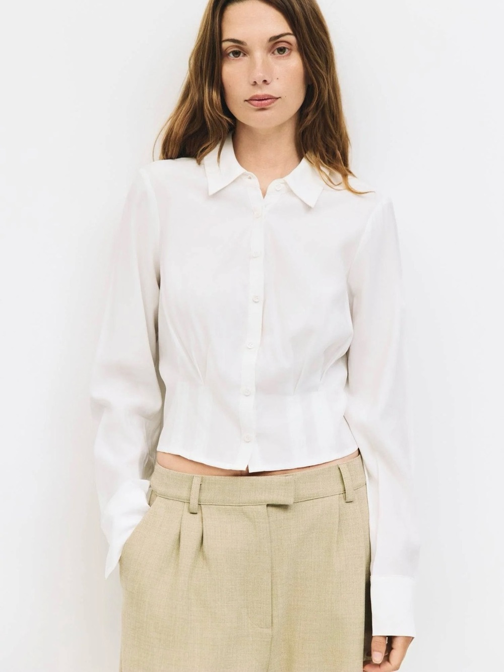 Mod Ref Womens Button Down Shirt White Pleated Waist Tapered Fit Blouse Size L